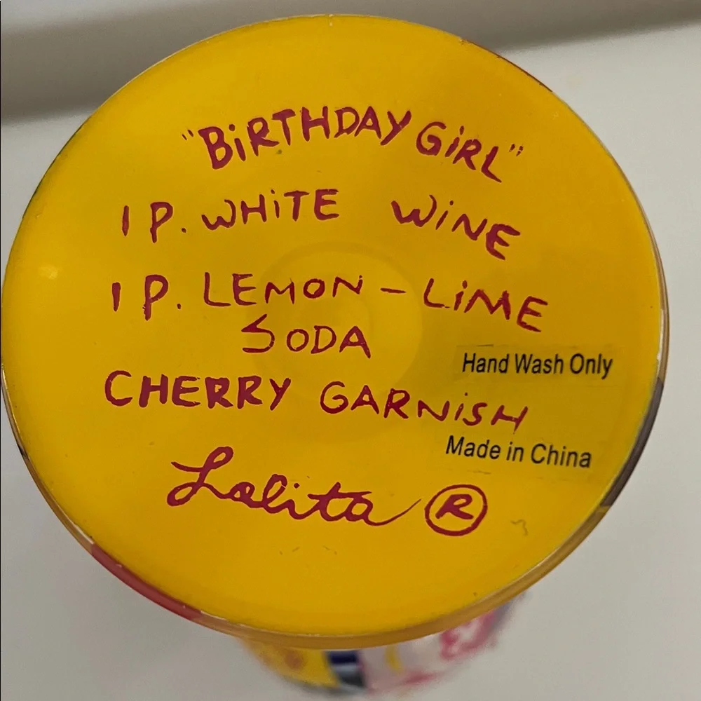 Lolita Birthday Girl 15 oz Wine Glass with Pink and Yellow Design
